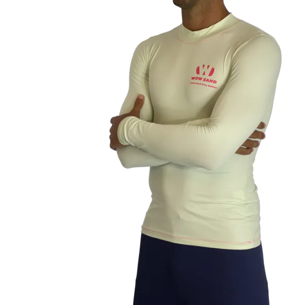 Close-up of a WOW Sand Panache Long Sleeve t-shirt showcasing the brand logo