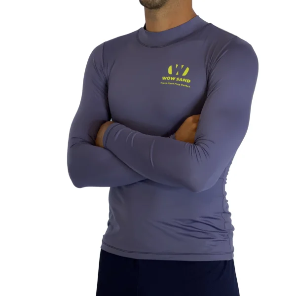 Close-up of a WOW Sand Cool Grey Long Sleeve t-shirt showcasing the brand logo