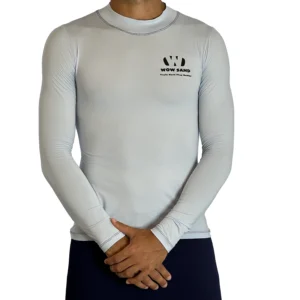 Close-up of a WOW Sand Ice Blue Long Sleeve t-shirt showcasing the brand logo