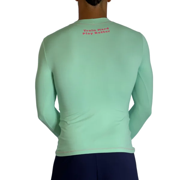 Close-up of a WOW Sand Seafoam Long Sleeve t-shirt showcasing the brand logo