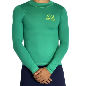 Close-up of a WOW Sand Emerald Long Sleeve t-shirt showcasing the brand logo