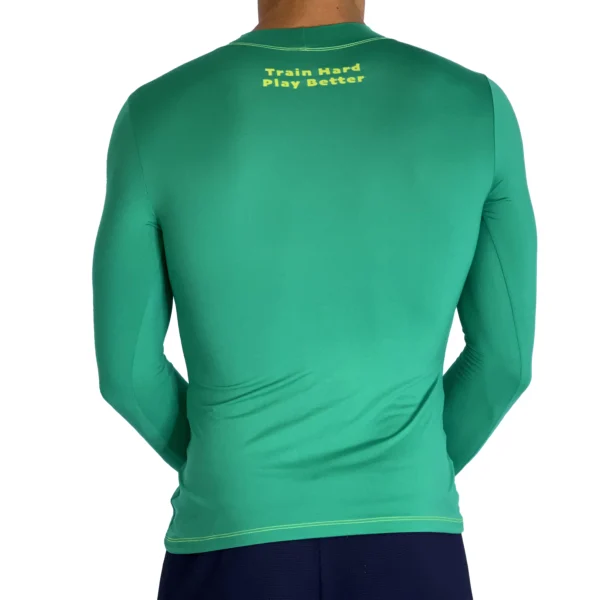 Close-up of a WOW Sand Emerald Long Sleeve t-shirt showcasing the brand logo